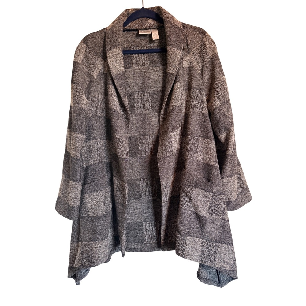 Chicos Grey Check Open Front Cardigan‎ Shawl Collar Knit Sweater Womens Size 0 S